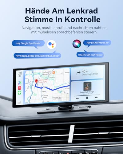 Krunia 10,26 Zoll Wireless Carplay Display für Netflx YouTube für Apple CarPlay & Android Auto, 1080P Rückfahrkamera Auto, OTA, Bluetooth 5.0, Sprachsteuerung, GPS-Navigation, FM, Split-Screen (Schwarz) - Designansicht 6 | Apple-CarPlay