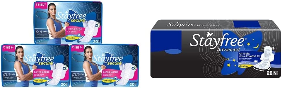 Stayfree Secure XL Cottony Sanitary Napkins with Wings, Extra Large (60 Count) & Stayfree Advanced XL All Night Sanitary napkins (28 Count)