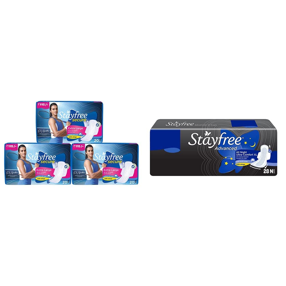 Stayfree Secure XL Cottony Sanitary Napkins with Wings, Extra Large (60 Count) & Stayfree Advanced XL All Night Sanitary napkins (28 Count)