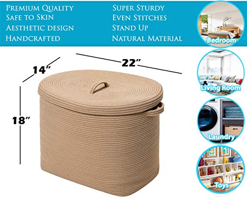 22"X14"X18" Rectangular Extra Large Storage Basket With Lid, Cotton Rope Storage Baskets, Laundry Hamper, Toy Bin, For Toys Blankets Storage In Living Room, Baby Nursery, All Beige #TOP1
