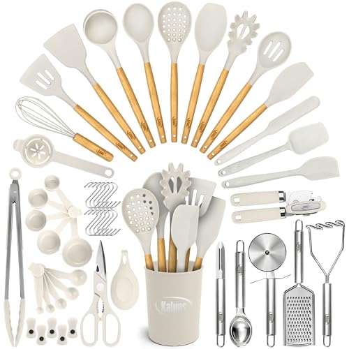 Klauns - Conjunto de utensílios de cozinha de silicone, 50 peças, conjunto de utensílios de cozinha de madeira e silicone, antiaderentes e resistentes ao calor, utensílios de cozinha
