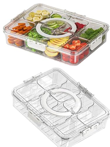 ハンドル付きスナックボックス 食品保存容器 冷蔵庫用 小分け収納ケース フタ付き 8っ仕切り マルチ保存容器 電子レンジ対応 調理用品 おかず保存 透明 食品貯蔵容器 調味料/薬味/肉/野菜/果物収納自由 取り外し可能 保存容器 タッパー ホワイト (透明