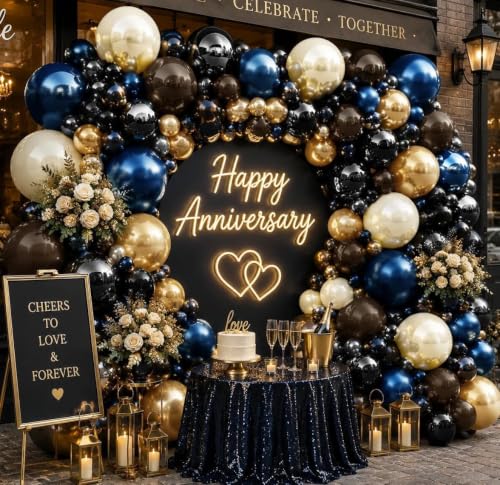 Image of Navy Blue Gold Balloon Arch Double Stuffed Pearl White Sand Dark Royal Blue Black Brown Gold Balloon Garland Kit for Birthday Wedding Bridal Shower Anniversary Christmas New Year Party Decor