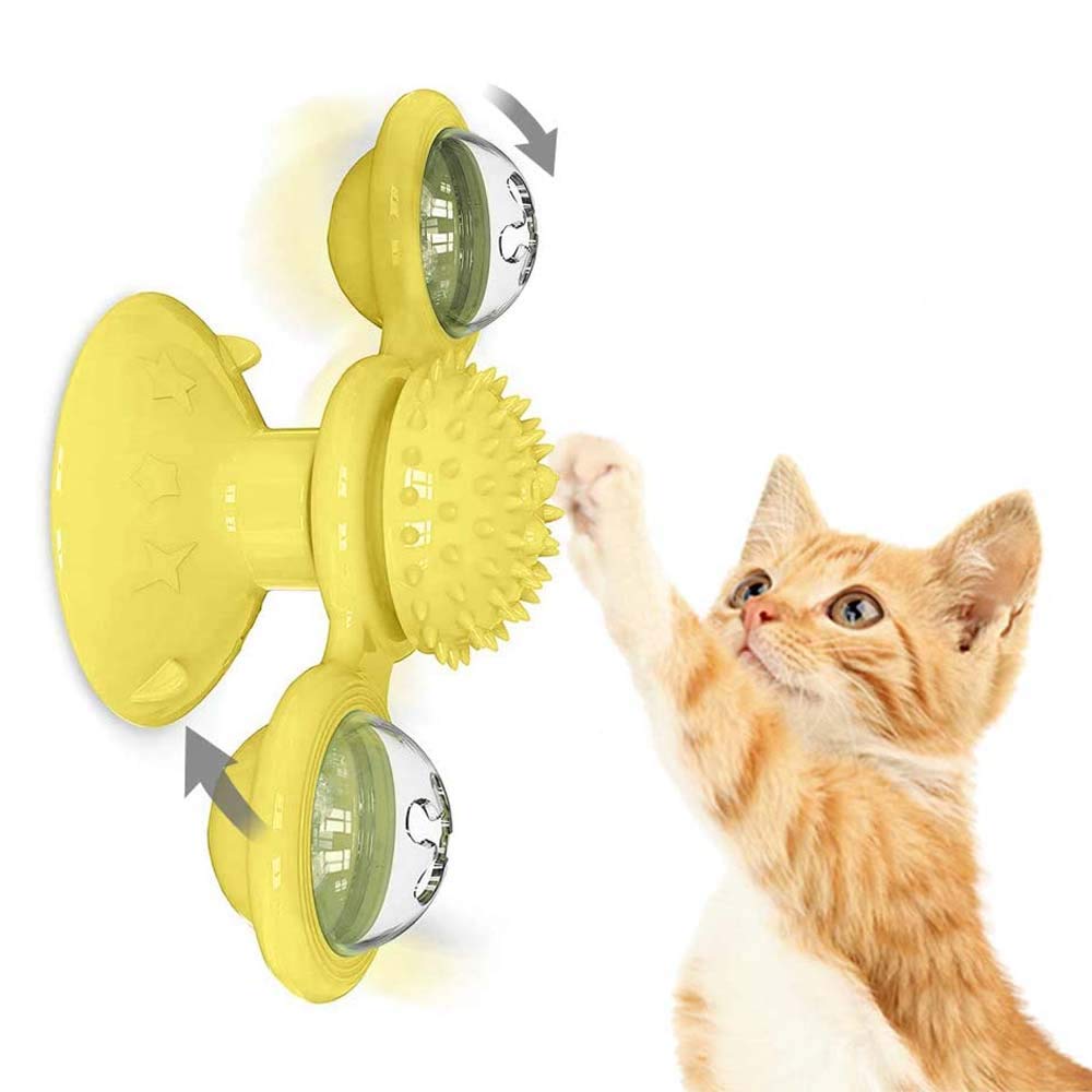Windmill Cat Toy Turntable Teasing Interactive Cat Toys for Indoor Cats with Suction Cup Scratching Tickle Cats Hair Brush Funny Kitten Toys Yellow