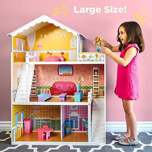 Best Choice Products 44In 3-Story Wood Dollhouse Mansion Playset, Large Open Pretend Play W/ 5 Colorful Rooms, 17 Furniture Pieces, Compatible W/ Major Brands #TOP1
