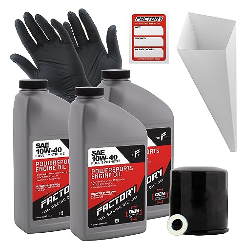 Factory Racing Parts Oil Change Kit compatible with Kawasaki ZX1200 VN1500 KVF300 KRF750 – Includes 3 Quarts of 10W-40 Full Synthetic Oil, 1 Filter, 1 Crush Washer, 1 Funnel, 1 Oil Change Sticker