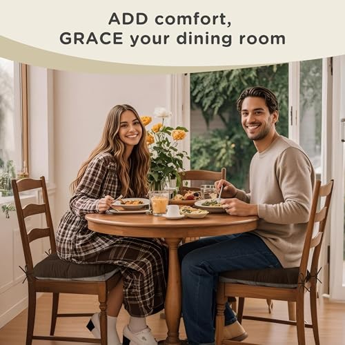 Image of AddGrace Dining Chair Cushions Set of 2 Non-Slip 18 inchx16 inchx3 inch Brown | with Ties, Textured Fabric, for Kithchen, Dining Room, Restaurant, Indoor Furniture, Wood Chairs, Long Meals, Soft, Comfy