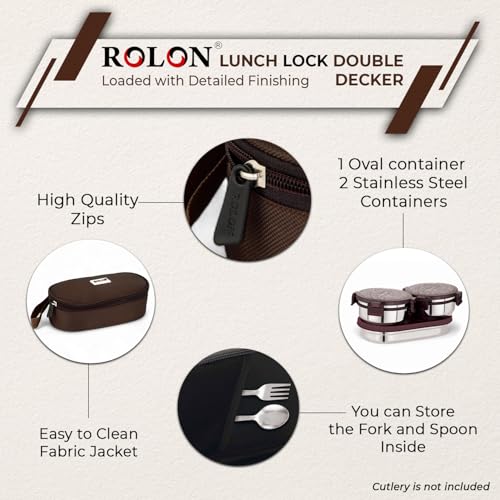 Image of ROLON Lunch Box for Office use Brown Leak Resistance Design Portable Durable Tiffin Box Stainless Steel Lunch Box, 2 Round Containers 300ml, 1 Roti Container 550ml with Insulated Lunch Bag for Office