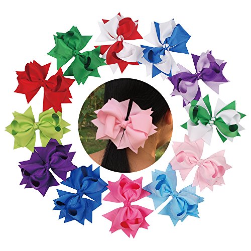 Mike & Mary Girls Boutique Hair Bows Large 5” with Alligator Clips Hair Barrettes accessories for Teens Girls (12pcs 5" Mix Sets)