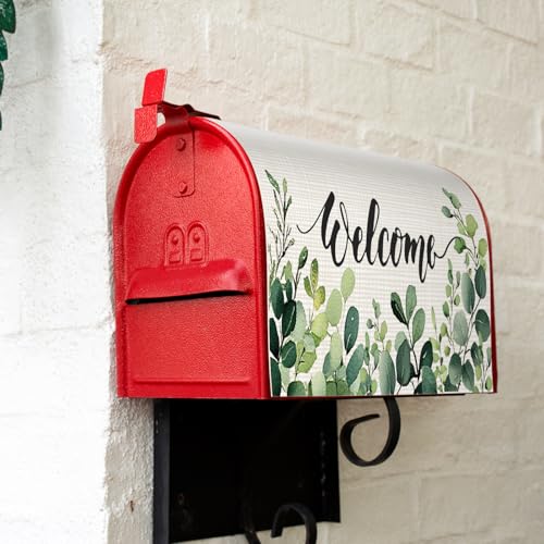 Image of Tiamon Eucalyptus Mailbox Covers Magnetic Summer Welcome Letter Box Wrap Standard Size 21x18 Inch Spring Leaves Mailbox Decor Eucalyptus Post Letter Box Decoration for Outdoor Garden Yard