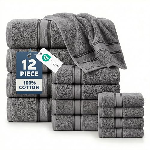 Image of LANE LINEN Bath Towel Set of 12 – Premium 100% Cotton Towels for Bathroom, 4 Bath, 4 Hand & 4 Washcloth, Zero Twist, Hotel Collection Towels, Gentle on Body, Absorbent & Ideal for Everyday Use – Grey