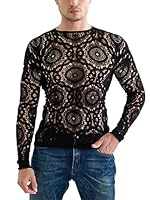 Mingnos Langarm Netzhemd für Herren Netzshirt Netzoberteil Mesh T-Shirt Clubwear Netz Unterhemd Mesh Top Festival Rave Outfit Schwarz-O