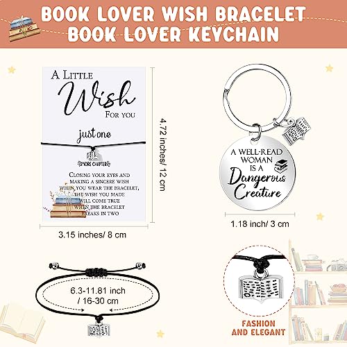 Sweetude 4 Pcs Book Lovers Gifts Sets Include Book Tote Bag, Bookworm Bracelet with Wish Card, Canvas Makeup Bag, Bookish Keychain for Readers Book Lover Gifts4