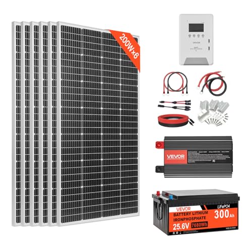 Image of VEVOR 1200W 24V Complete Solar Power Kit, 6*200W Monocrystalline Panels + 25.6V 300Ah LiFePO₄ Battery + 60A MPPT Charge Controller + 3KW Power Inverter, High Output Solar Kit for Large House Shed Farm