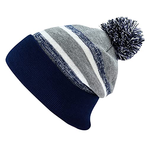 The Hat Depot Kids Cuffed Beanie Knit Stripe Pom Winter Hat (Navy/Gray 2-5yrs)