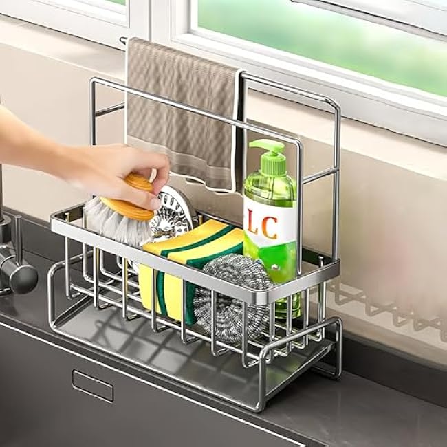 Sponge Holder for Kitchen Sink, Sink Caddy with Towel Rack, Sponge Holder and Soap Dispenser Stand, Kitchen Countertop Accessories (Gray)