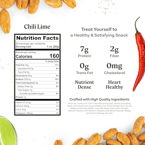 Image of Belmont Peanuts Gourmet Chili Lime Virginia Peanuts, 20 oz (1 Pack) - Simple Ingredients, No Preservatives, 7g Protein - A Premium, Citrusy, Spicy, Salty, Crunchy, Hand Seasoned Snack