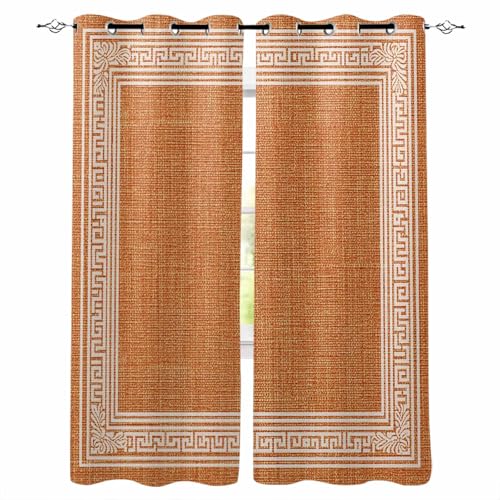Warm Orange Retro Greek Key Blackout Curtains for Bedroom, Thermal