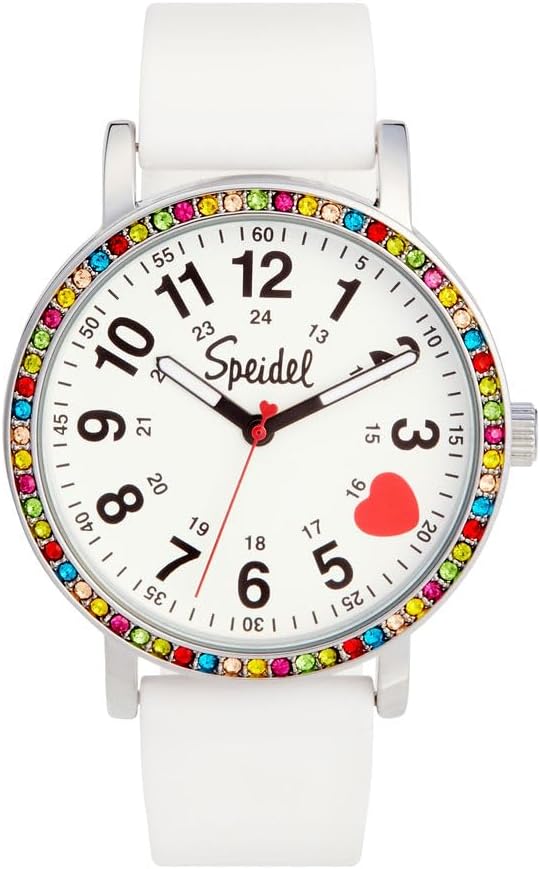 Speidel Original Scrub Watch™ for Nurses, Medical Professionals, Mens and Womens Watch with Second Hand Nursing, Nurse Watches for Women Men, Waterproof 12 and 24 hr Time - Color Crystal Bling, White