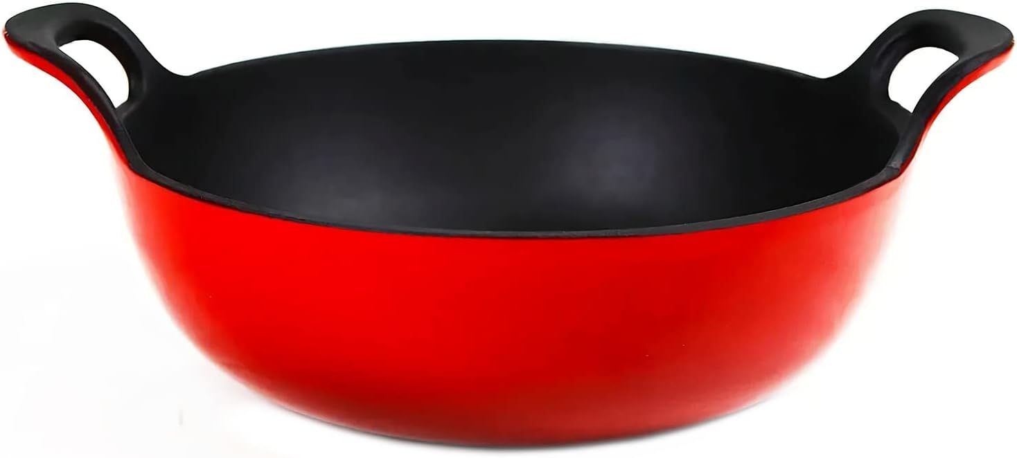 Healthy Choices 3 Qt Enameled Cast Iron Wok, Red, 12" Cast Iron Balti Dish, Christmas Woks & Stir Fry Pans, Indian Cast Iron Kadai, Induction Cooktop, Stovetop Iron Cast Wok, Indian Kadai, Red & Black
