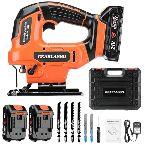 GEARLASSO Sierra caladora inalámbrica de 21 V con 2 baterías de 2.0 Ah, sierra de calar de velocidad variable de 2800 RPM para madera y metal, 4 ajustes orbitales, corte biselado de 0 a 45°, luz LED