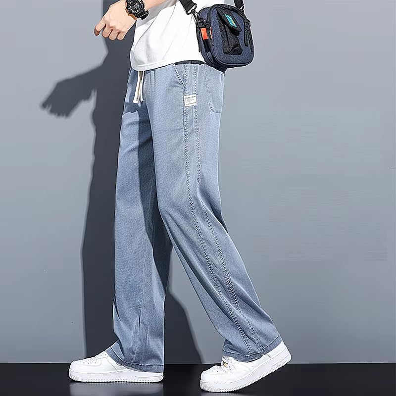 Spring Summer Men's Jeans Thin Loose Straight Leg Drawstring Elastic Waist Korean Casual Pants2