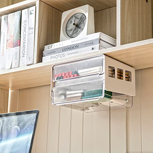 Submatches Under Desk Drawer Organizer Slide Out, Hidden Self- Adhesive Drawer With 2 Layers For Office/Classroom/Home, White #TOP6