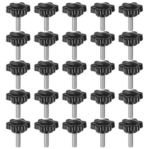 HARFINGTON 25pcs Star Knobs M5 x 20mm 304 Stainless Steel Threaded Stud 25mm Plastic 6-Star Head Hand Tightening Thumb Screw Clamping Jig Knob Handle, Black