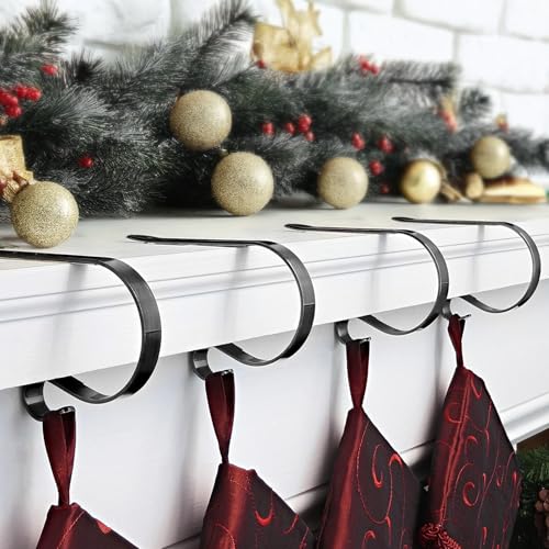 Sogiv Christmas Stocking Holders for Mantle Set 4, Fireplace Hooks for Hanging Stockings, No-Slip Hangers for Xmas Home Party Decoration