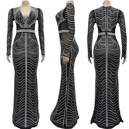 Image of PORRCEY Women's Sexy Elegant Rhinestone Bodycon Dress Hot Drilling Clubwear