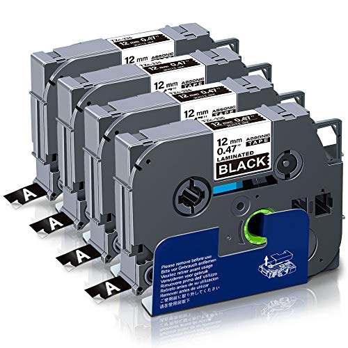 4 Pack Absonic Compatible Label Tape Replacement for Brother P Touch White on Black TZe TZ Tape Tze-335 Tze 335 12mm 0.47 1/2 Laminated Black for PT-H110 PT-D210 PT-D600 PT-D400 PT-1880 Label Maker