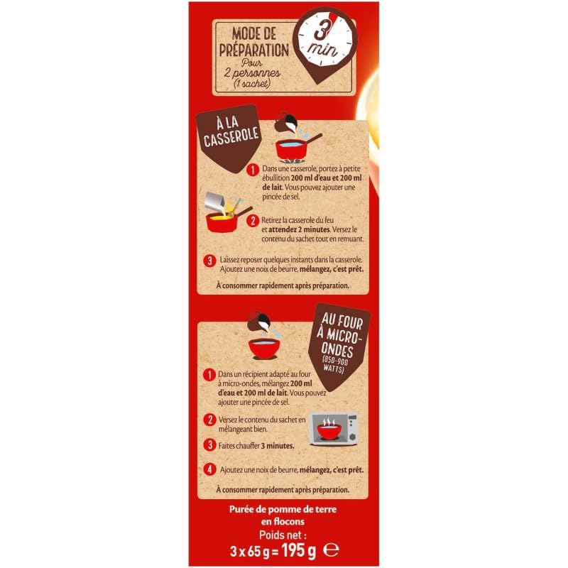 MOUSLINE Purée Nature 3 Sachets pour 2 | Format Pratique 195g | Purée de Pommes de Terre Savoureuse | Idéale pour vos Accompagnements Quotidiens! - Le Lot De 4