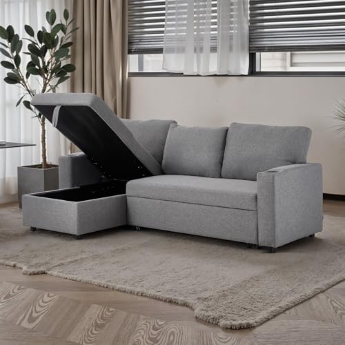 INMOZATA 3-4 Seater Corner Sofa Bed with Storage 217cm Double Sofa Bed Linen Pull Out Sofabed with Storage Chaise for Living Room Bedroom Spare Room(Grey) - Image 9