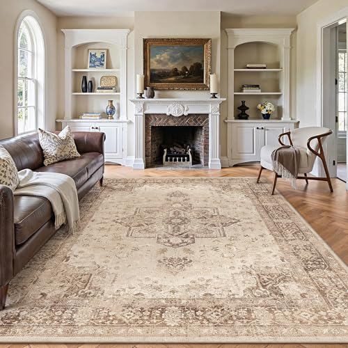 Brown 8x10 Area Rug Washable Vintage Living Room Carpet Non Slip Retro Distressed Low Pile Soft Oriental Medallion Thin Large Throw Rug for Office Bedroom Dining Room Playroom 8' x 10' (Rect