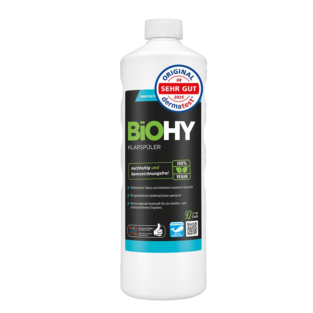 BiOHY Klarspüler (1l Flasche) | Bio Geschirrspülmittel | ideal für alle Spülmaschinen | EXTRA STARKER Fettlöser für Gastronomie & Haushalt | frischer Glanz auf Glas & Geschirr