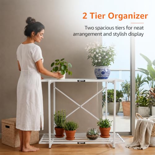 Image of Amazon Basics Heavy Duty 2-Tier Plant Stand | Rust-Resistant Powder Coated Finish | Multipurpose Shelves | Reinforced X-Frame Stability | Indoor & Outdoor Use | Balcony, Garden & Living Room | White