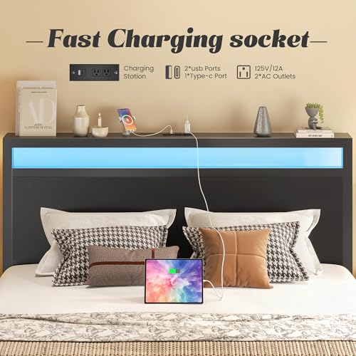 Image of Fluest Queen Bed Frame with Headboard & Footboard, Bed Frame with Built-in Charging Station & LED Light, Storage Shelf, Noise-Free, No Box Spring Needed, Easy Assembly, Classic Black