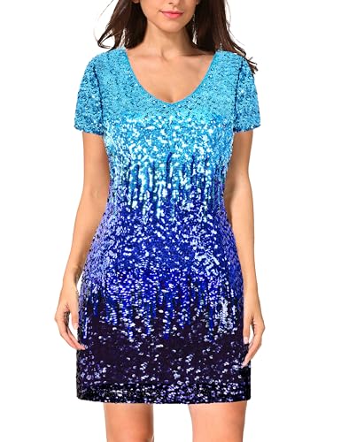 Image of MANER Women's Sequin Glitter Short Sleeve Dress Sexy V Neck Mini Party Club Bodycon Dresses