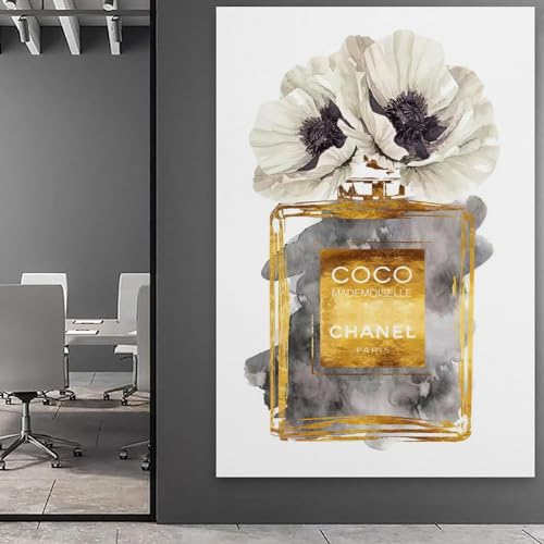 Image of BanLaArt Fashion Perfume Bottle Dark Gold With Dark Grey & White Poppy Canvas Print Poster Decorative Painting Canvas Wall Art Picture Print Modern Family Bedroom Decor 08x12inch(20x30cm), style-4