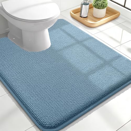 Image of OLANLY Toilet Rugs U-Shaped 24x20, Extra Soft Absorbent Thick Memory Foam Contour Bathroom Rugs, Dry Quickly, Machine Washable, Non-Slip Toilet Bath Mat, Home Decor Accessories, Airy Blue