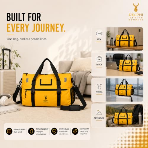 Image of Delphi Design Waterproof Gym & Travel Duffel Bag for Men & Women | Multi-Compartment Weekender Bag with Shoe Compartment, Dry-Wet Separation & Yoga Mat Holder | Spacious Sports & Travel Bag | Yellow
