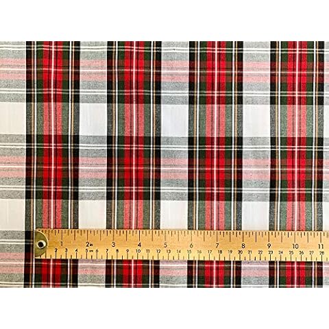 Quality Tartan Fabric - White Red & Green Tartan Print - 100% Cotton Craft Fabric Material Per Metre Cover