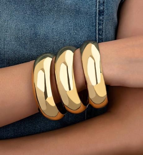 Image of Chunky Gold Bangle Bracelets for Women, Dainty 14k Gold Plated Big Stackable Bangles Set, Trendy Statement Cuff Bracelet Stack Fashion Jewelry Gifts