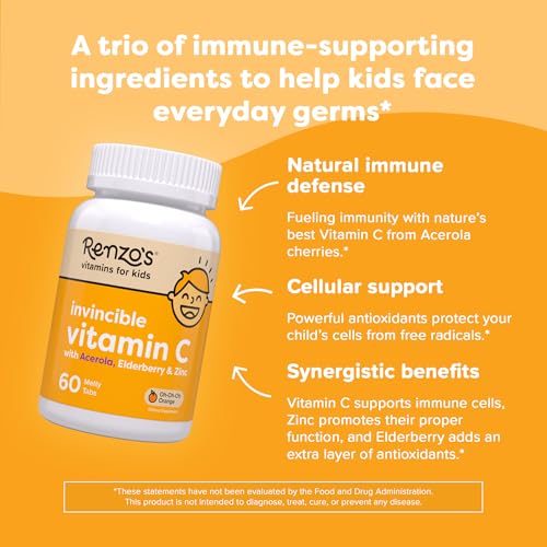 Renzo's Invincible Kids Vitamin C with Elderberry Vitamin C and Zinc, Dissolvable Kids Vitamins for Immune Support, Sugar-Free Melty Tabs, Orange Flavor, 60-Count (1-2 Month Supply) - Image 3