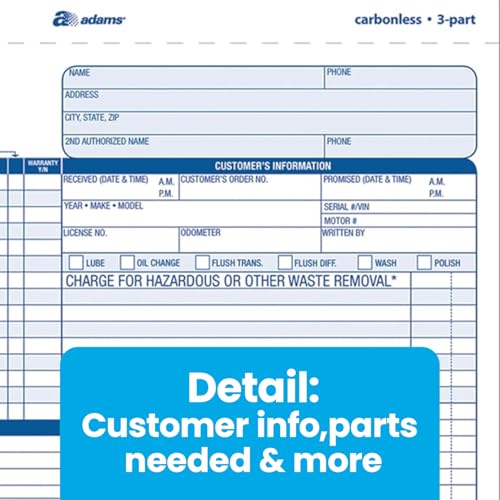 image for Adams Auto Repair Order Forms, 8.5 x 7.44 Inch, 3-Part, Carbonless, 50
