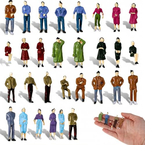 Thinp 30 Stück Miniatur Figuren Maßstab 1:50 Kleine Figuren Miniatur Menschen Bemalte Mini Menschen Museum Sitzende Und Stehende für Architekturprojekte Miniaturszenen Puppenhauszubehör(Multicolor)