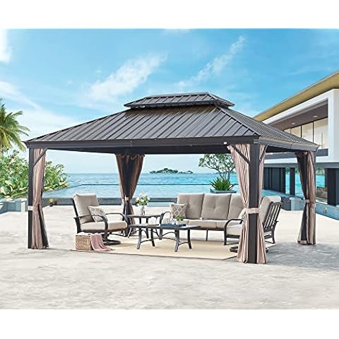 Iwicker 12' x 16' Hardtop Permanent Aluminum Gazebo with Mosquito Netting and Polyester Curtain Cover