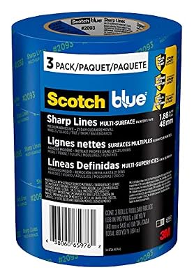 ScotchBlue Sharp Lines Multi-Surface Painter's Tape, 1.88 Inches x 60 Yards, 3 Rolls, Blue, Paint Tape Protects Surfaces and Removes Easily, Edge-Lock Painting Tape for Indoor and Outdoor Use