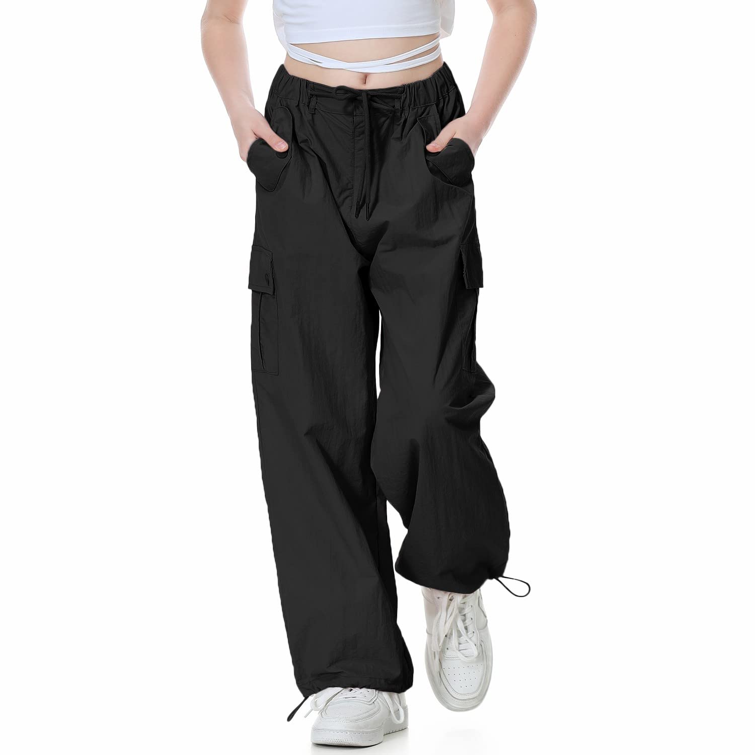 Rolanko Baggy Cargo Fallschirmhose für Mädchen, Y2K Vintage Jogger mit Verstellbarer Elastischer Taille für Kinder Fit