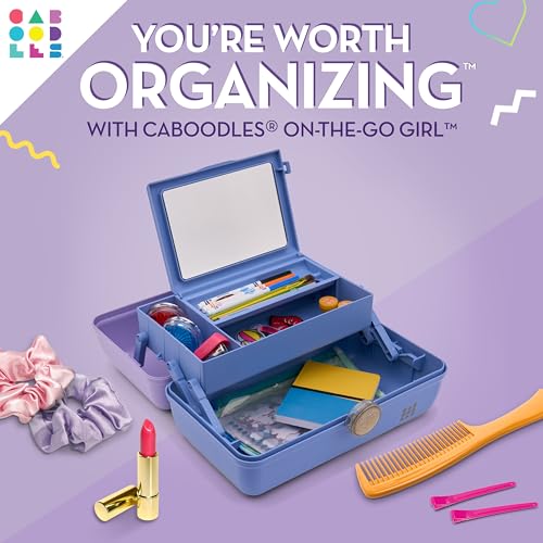 Image of Caboodles On-The-Go Girl Makeup Box, Two-Tone Lavender on Blue, Hard Plastic Makeup Organizer Box, Built-In Mirror, Secure Latch for Safe Travel, Spacious Storage for Large Items